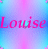 Pixelated static icon with pink text 'Louise' over a blue-to-pink gradient background, featuring visible dithering and color bleeding in the letterforms.