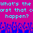 Pixelated cyan text on magenta background with blue pixel-art crowd at bottom, displaying repeated phrase 'What's the worst that can happen?' in two