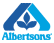 Blue and white pixelated logo featuring a stylized 'A' with an internal leaf-like shape, below which is the text "Albertsons" in blue block letters.