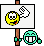 A 4-frame animated contact sheet showing a yellow smiley face icon with a waving hand gesture, attached to a brown pole with turquoise circular connectors and white teeth-like shapes.