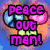 Pixelated text "peace out man!" in bold colors over a brain graphic with background variations.