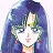 Pixelated anime-style portrait of a character with long blue hair, green headband, and red earrings against a light background.