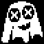 Pixelated white ghost-like figure with black eyes and mouth on solid black background, rendered in 8-bit style.