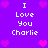Pixelated purple background with pink hearts and repeated white text "I Love You Charlie" in four quadrants.