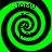 Four identical green and black spiral patterns arranged in a , each containing pixelated text elements