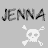A 48x48 pixel animated buddy icon featuring the name "JENNA" in bold text above a skull and crossbones symbol, with two distinct frames showing red color variation on the right frame's text.