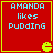 Red square with yellow border contains light blue text "AMANDA likes PUDDING" and a yellow Pac-Man icon in bottom-right corner.