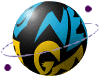 Four-frame animation of a rotating 3D sphere with blue, black, and yellow patterns and purple rings against white background.