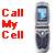 Static buddy icon featuring red pixelated text 'Call My Cell' on the left and a silver flip phone on the right against a light checkered background.