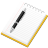 Pixelated icon of a white notepad with a yellow border and a black pen on its surface, viewed from an angle against a gray background.