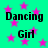 A static image with a bright green background filled with pink stars and repeated text "Dancing Girl" in black pixelated font.