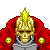 A golden armored figure with red shoulder pads and yellow circular accents appears in showing sequential animation of hand gestures and electrical effects