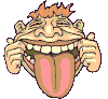 Pixelated cartoon character with orange spiky hair, wide eyes, and a large mouth holding its cheeks while sticking out a pink tongue.