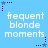 Light blue background with repeated white text 'frequent blonde moments' and dark purple star icons with dotted lines, arranged in a pattern