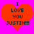 Two identical pixelated red hearts on bright pink background with black text reading "I LOVE YOU JUSTIN!!!" inside each heart.