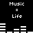 Black background with white pixelated text and audio equalizer bars displaying "Music = Life" in four repeated sections.