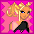 Pixel art contact sheet showing a blonde female character in multiple frames with text elements on pink background.
