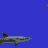 Animated sequence of gray sharks swimming left to right against a solid blue background with small orange fish scattered throughout.