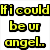 Yellow pixelated text on white background with a pink-toned angel image on the right.