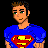 Pixel art character in blue Superman shirt and dark pants with text "im here to rescue you" on black background