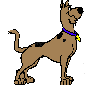 Pixelated cartoon dog with brown body, black spots, purple collar, and yellow tag standing against gray background.