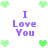 Pixelated green hearts and purple text reading "I Love You" arranged in a pattern on white background