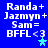 Blue background with white text reading "Randa + Jazmyn + Sam = BFFL <3" and a small star symbol changing color between cyan and light blue.