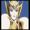 A golden armored figure with winged helmet and white wings against blue background, showing sequential eye-closure animation.