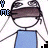 Six stick-figure characters with blue shirts and brown blindfolds hold hands in two , each displaying 'Y ME' text in different colors