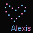 Two side-by-side pixel art icons with black backgrounds, each forming a heart shape from pink and blue squares above the name 'Alexis' in mixed-color lettering.