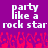 Pixelated text 'party like a rock star' repeated twice on purple background with red pixelated shapes below.