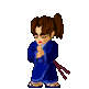 A pixelated character in blue attire with brown hair in a ponytail, holding red nunchucks, shown in three sequential poses with varying hair color and clothing transparency.