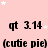 Pink background with white stars, repeated black text 'qt 3.14' and '(cutie pie)' in four