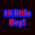 Pixelated image with text 'Hi little Boy!' in red on blue background and 'Im having a sleep over, wanna come' in green on black background next to a person with long dark hair wearing sunglasses.