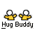 A contact sheet of three animated frames showing a pixelated yellow stick figure with white head and outstretched arms, accompanied by text promoting 'Hug Buddy' and 'badassbuddy.com'.