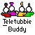 Pixel art of four lab flasks with colored bases and tops on a gray background, below which is text reading "TeleTubbie Buddy" in blocky font.
