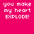 A bright pink background displays four identical text-based icons with white pixelated lettering reading "you make my heart EXPLODE!" and a small pink heart symbol above the 'e' in 'make'.