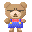 Pixel art contact sheet of a brown teddy bear in blue overalls and red shirt performing sequential arm movements across six frames on gray background.