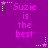Purple background with repeated text "Suzie is the best" in pink pixelated font, surrounded by white and purple star-shaped icons.