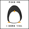 Pixelated penguin with black and white body, orange beak and feet, standing against white background with text above and below.