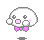 Pixelated white character with pink cheeks and bow tie in multiple poses against gray background, showing facial expressions and hand movements.