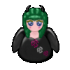 Green-haired figure with black wings and horns wears dark top with purple and white symbols, blue eyes in two states: open and winking.