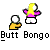 Pixelated character with yellow hair, pink top, white shorts, and yellow feet holding a white ball, displayed in a with text "Butt Bongo" below each frame
