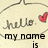 Two speech bubbles with handwritten 'hello.' text, red hearts, and partial 'my name is' text below, on a light background.