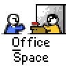 Animated contact sheet of 10 pixel-art frames showing two stick figures in an office setting with dialogue bubbles and sequential actions.