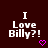 Dark brown background with white pixelated text reading "I Love Billy?!" and a pink pixelated heart symbol below the text.