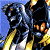 Pixelated image of a muscular figure with dark hair and glowing orange eyes, wearing black armor-like clothing against a blue background.