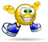 Yellow circular character with green eyes and white teeth, wearing blue shoes on a gray background.