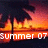 Animated fire background with two text variations: 'Summer 07' and 'XOXO' in white pixelated font over orange-red flames.