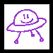 Six pixel-art icons arranged in a : purple UFO, blue cloud, green crescent moon, orange sun, pink star, and blue flower with smiling faces